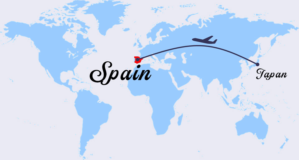 日本とスペイン間の飛行ルートを示す世界地図