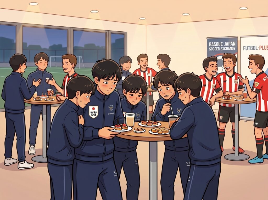 Futbol-Plus (フットボル-プラス)が提供する海外遠征で、スペインと日本の学生（サッカー選手）の交流会が始まったが、まだうまく交流できない様子