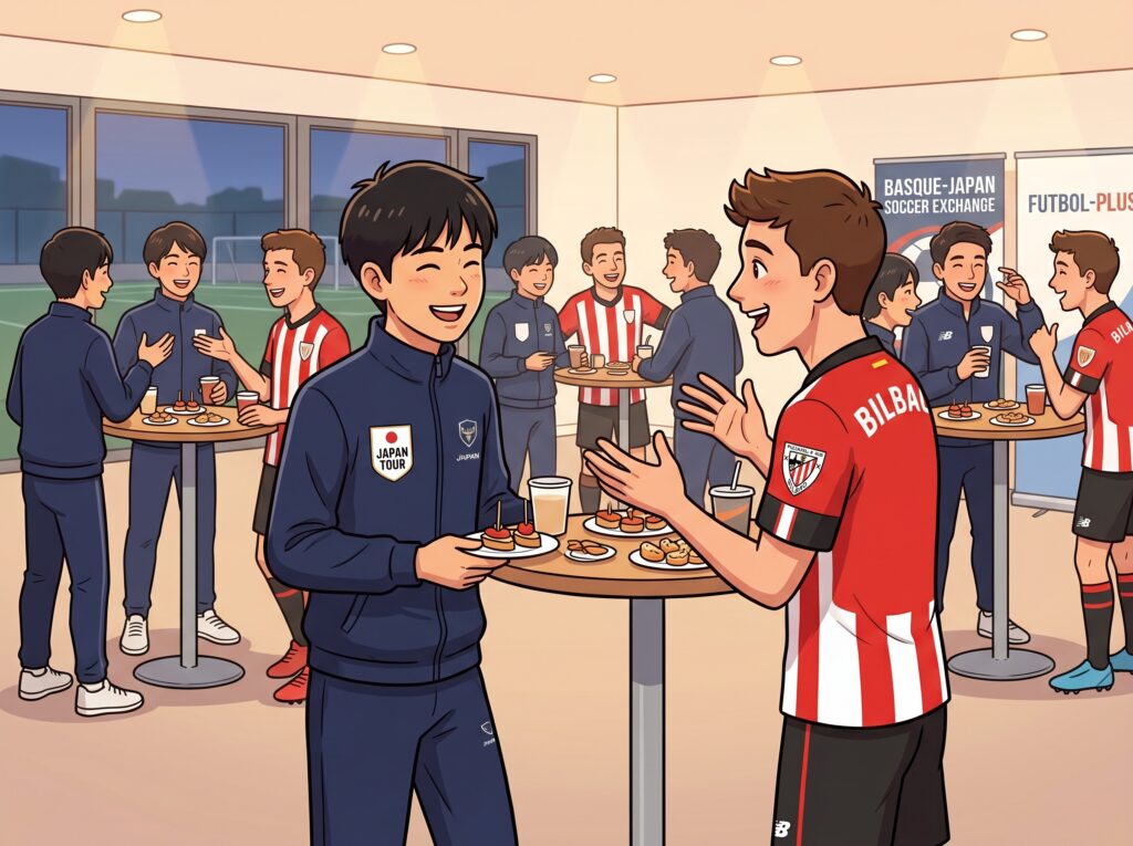 Futbol-Plus (フットボル-プラス)が提供する海外遠征で、スペインと日本の学生（サッカー選手）が交流会をして楽しんでいる様子