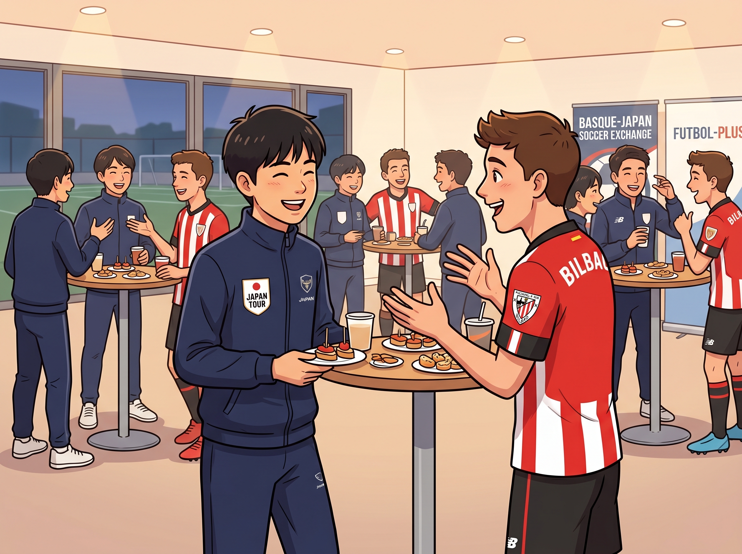 Futbol-Plus (フットボル-プラス)が提供する海外遠征で、スペインと日本の学生（サッカー選手）が交流会をして楽しんでいる様子