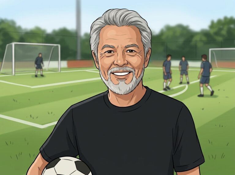 サッカー場で練習するジュニアユース選手たちを背景に、サッカーボールを抱えて微笑む監督のイラスト