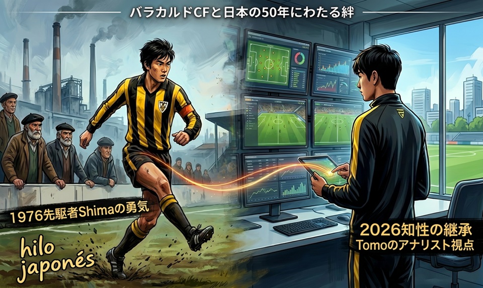 1976年の嶋貫氏と2026年の杉山氏を『日本の糸』で繋ぐバラカルドCFのイラスト
