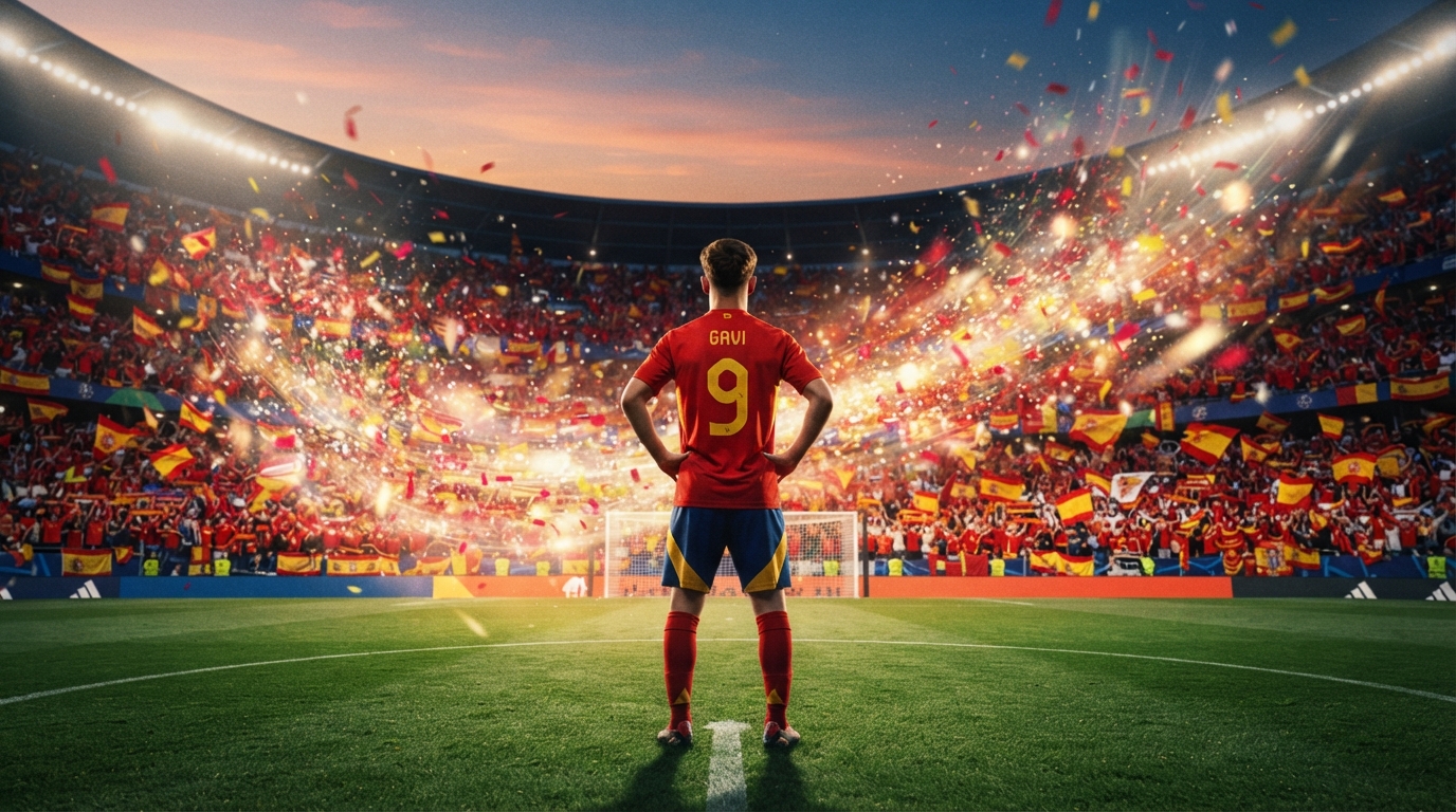 スペイン代表のユニフォームを着た選手が、赤と黄色の旗で埋め尽くされた満員のスタジアムを背に立つ後ろ姿