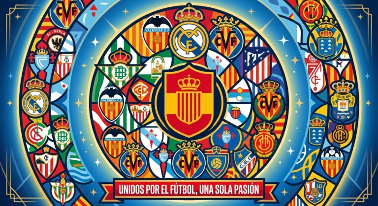 スペイン各地のサッカークラブのエンブレムが円を描くように配置され、中央にスペイン王室紋章が輝くイラスト。下部には「UNIDOS POR EL FÚTBOL, UNA SOLA PASIÓN（サッカーで団結、一つの情熱）」の文字。地方の誇りが一つにまとまるスペインサッカーを象徴している。